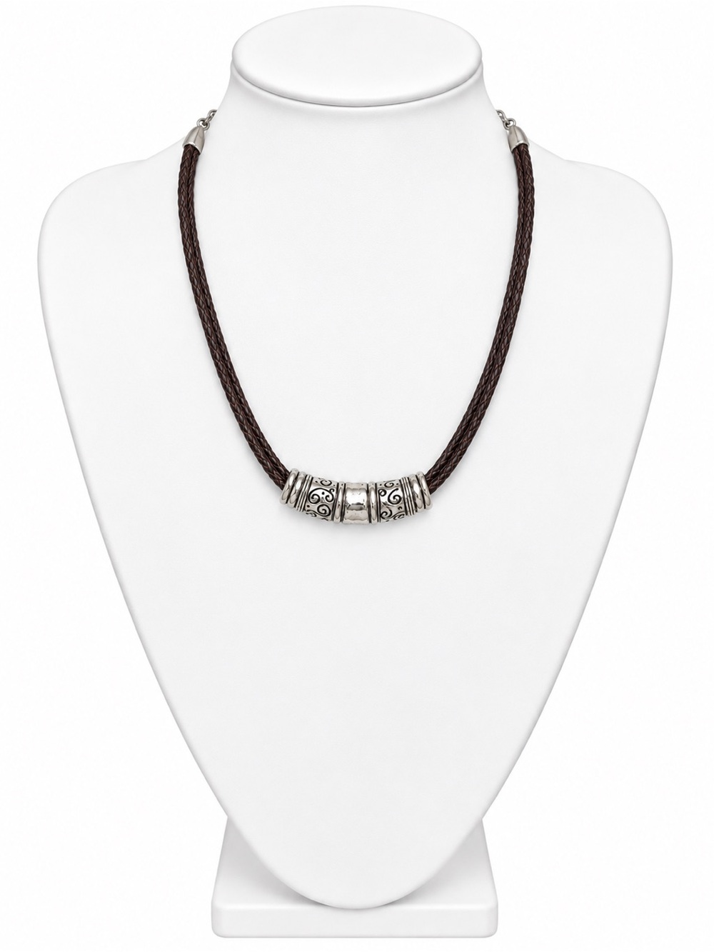 Unbranded Brown Braided Cord & Silver-tone Tube Pendant Adjustable Necklace